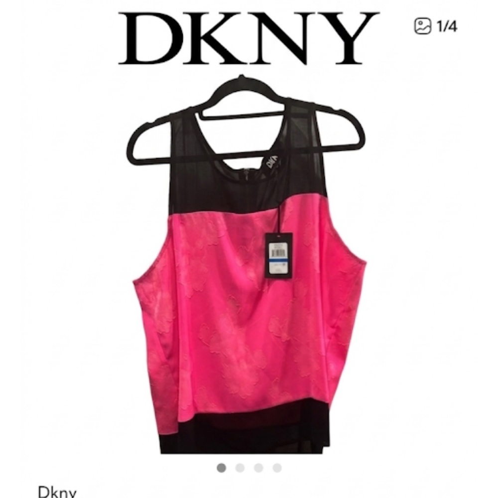 DKNY Black & Hot Pink Sheer Yoke Floral Overlay Tank NWT ptp 22